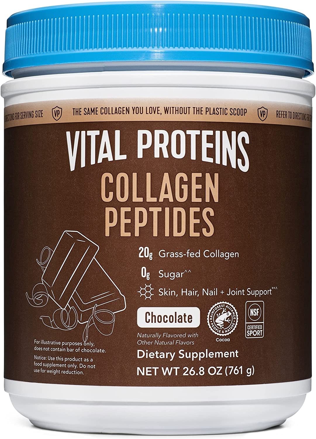 Vital Proteins Chocolate Collagen Powder Supplement (Type I, III) for Skin Hair Nail Joint - Hydrolyzed Collagen - Dairy and Gluten Free - 27g per Serving - Chocolate Flavor, 26.8 oz Canister